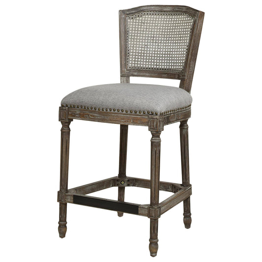 Home Triomphe Rattan Wicker High Back Armless Counter Bar Stool, Dark Heathered Grey Linen