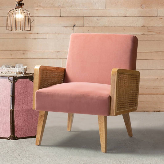 Home Bohemian Upholstered Accent Chair With Natural Rattan Arms - Blush