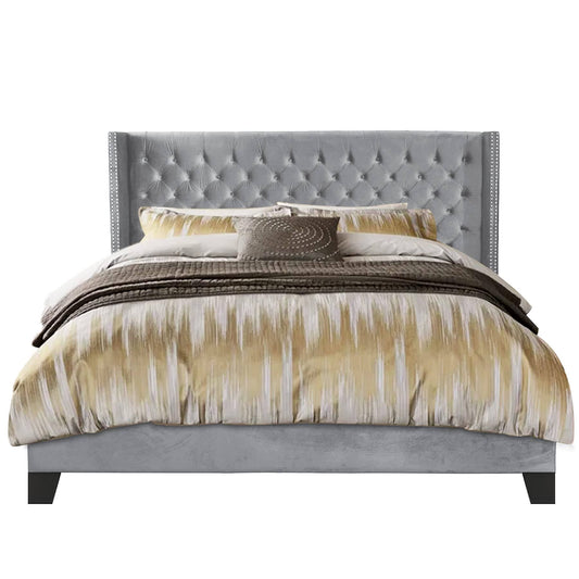 Home Sida Silver Gray Velvet Upholstered Tufting Frame Queen Platform Bed With Wingback Headboard/No Box Spring Needed