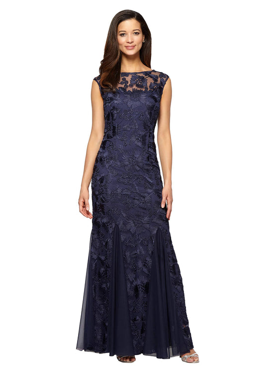 Illusion Cap Sleeve Embroidered Lace Godet Gown - 10