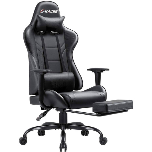 High Back Gaming Chair Leather Office Chair With Footrest, Black