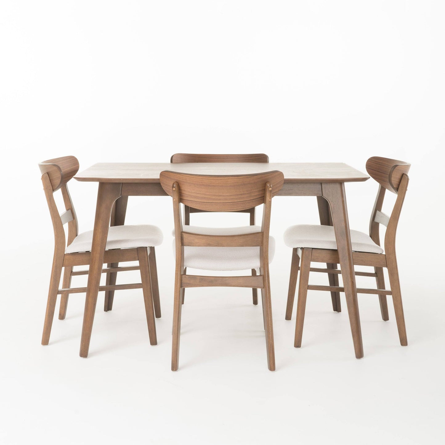 House Chrisfort Mid-Century Modern 5 Piece Dining Set, Light Beige And Natural Walnut