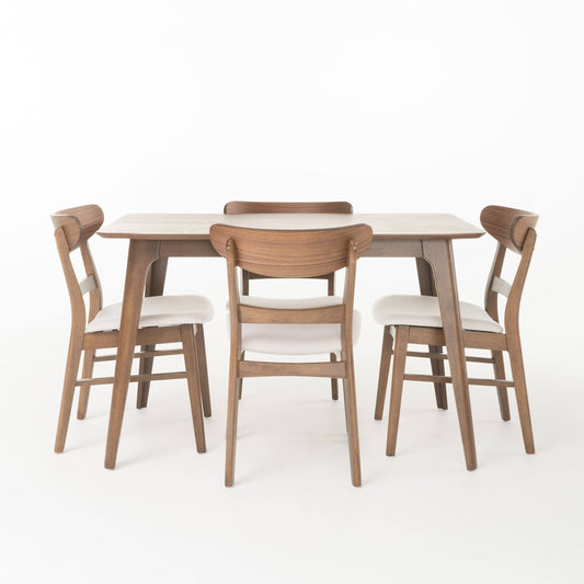 House Chrisfort Mid-Century Modern 5 Piece Dining Set, Light Beige And Natural Walnut