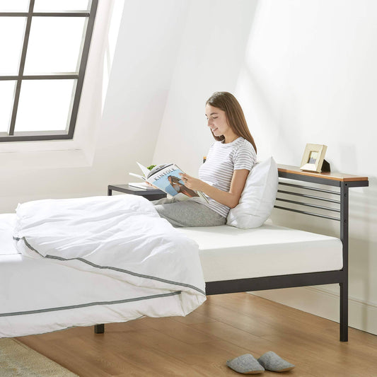 Hylle Twin Metal Shelf Solid Pine Wood Platform Bed With Headboard, Black