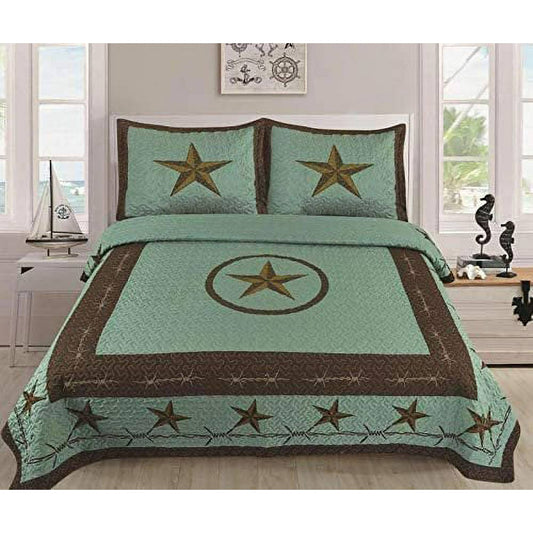 Home 3 Piece King Size Quilt Bedspread Set W/2 Pillow Shams, Western Design Collection, Wild Horse Country/Horseshoe/Star/Cowboy Design, King