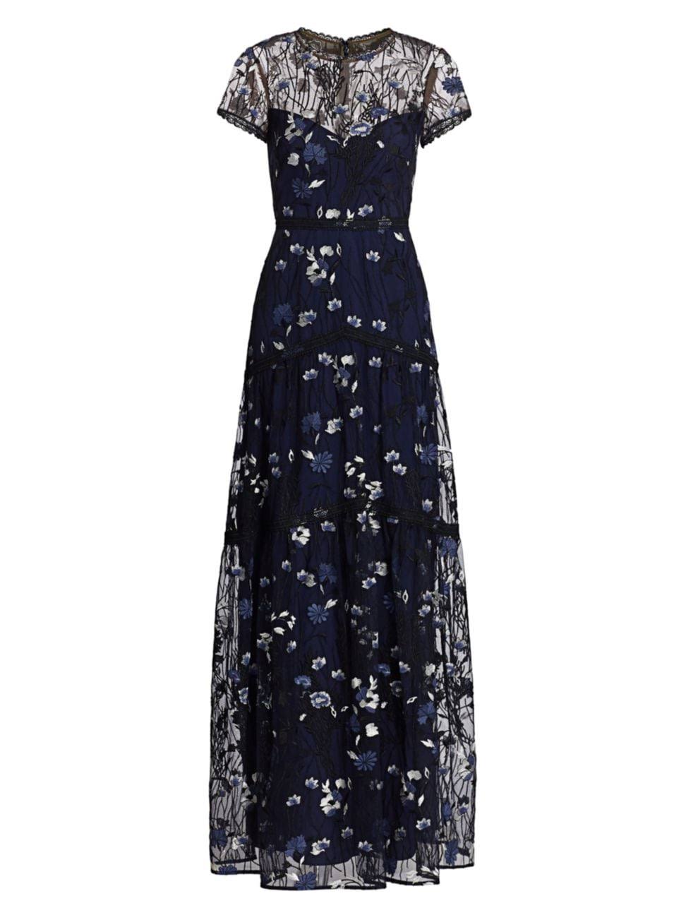 Illusion Neck Embroidered Gown Navy Multi