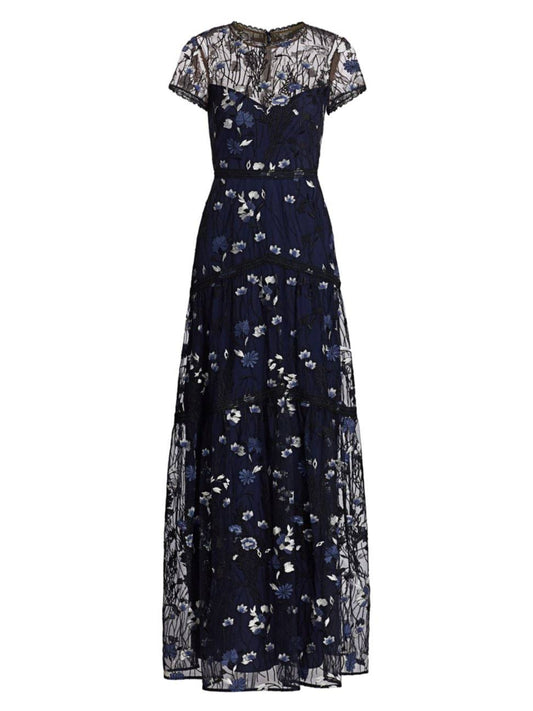 Illusion Neck Embroidered Gown Navy Multi
