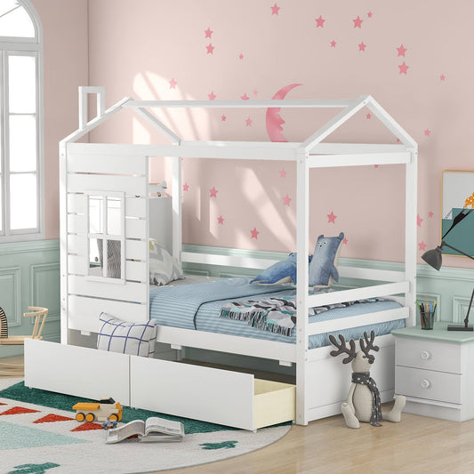 House Bed With Two Drawers Window And Roof Twin Size Wood Stor