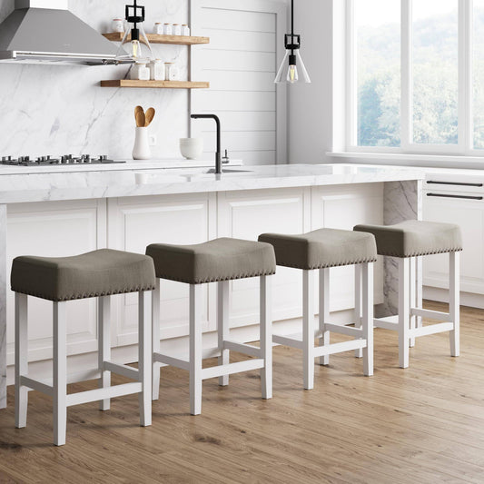 Hylie Nailhead Wood Pub-Height Kitchen Counter Bar Stool 24 Inch, Natural Flax/White