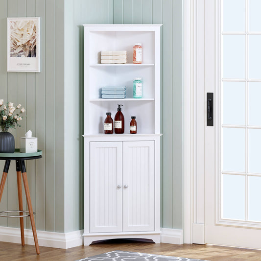 Home Tall Corner Cabinet With Two Doors And Three Tier Shelves, Free Sta