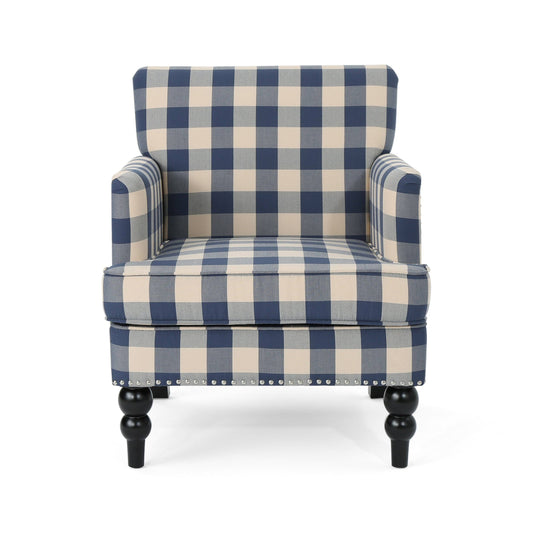 House Harrison Club Chair In Blue Checkerboard And Dark Brown
