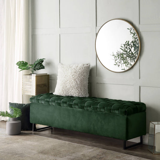 Hunter Green Velvet Storage Bench Upholstered Hand Woven