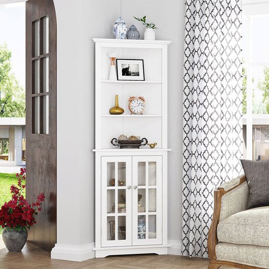 Home Bathroom Tall Corner Storage Cabinet, Floor Slim Display With Glass Doors And Adjustable Shelves White - Painted