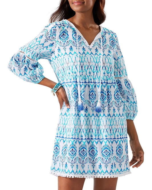 Ikat Tropics Cotton-Voile Split-Neck Dress Indigo Blue / Xs