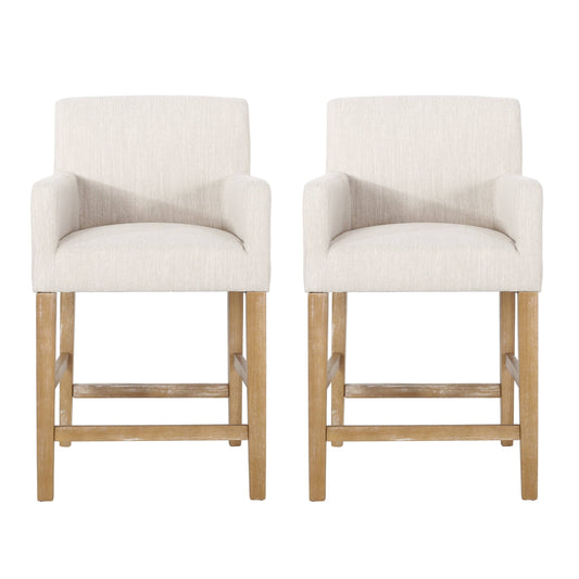 House Deville Fabric Upholstered Wood 26 Inch Counter Stools, Set Of 2, Beige And Weathered Natural